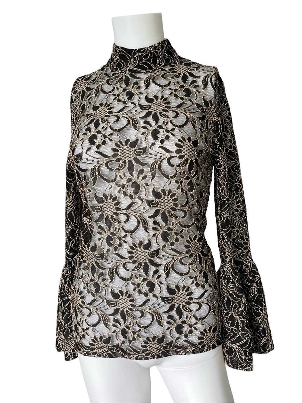 Anne Fontaine Sabine Lace Gold Blouse Sheer Floral Bell Sleeve Womens Size 38